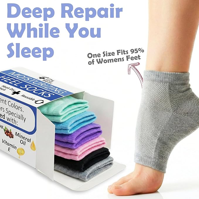 6 Pairs, Moisturizing Socks for Cracked Heel Treatment: Socks for Cracked Heel Repair, Silicone Toeless Socks, Spa Gel Socks for Dry Cracked Feet Women, Lotion Moisture Pedicure Socks