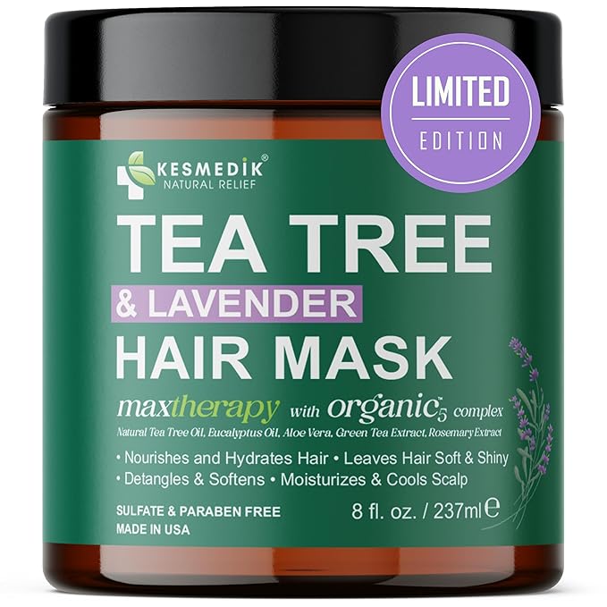 KESMEDIK Tea Tree Hair Mask with Rosemary & Lavender, Deep Conditioning Treatment for Dry, Damaged, Coarse Hair, Hydrating Hair Mask with Itchy Scalp Relief, Men & Women, Sulfate-Free