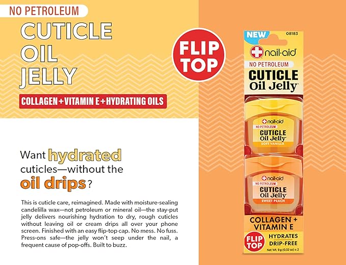 Nail-Aid Cuticle Oil Jelly, Press-On Friendly Non-Drip Cuticle Treatment for Dry Cracked Cuticles and Hangnails, Collagen + Vitamin E, CleanClick™ Secure Flip-Top Cap, Petroleum-Free (Pack of 2)
