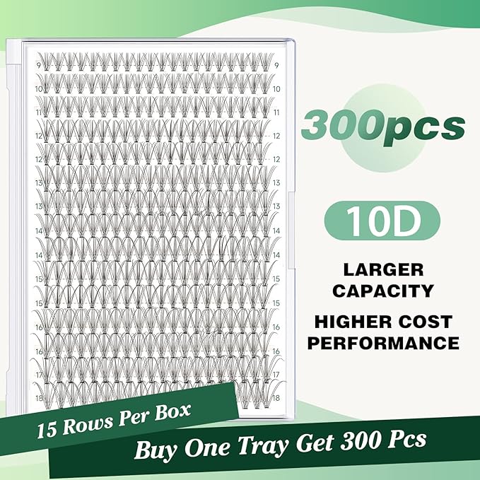 KEYYOU Lash Clusters 300pcs Individual Lashes, 10D 0.1C Curl 9-18MIX DIY Eyelash Extension, Soft & Natural Volume Cluster Lashes with Large Tray