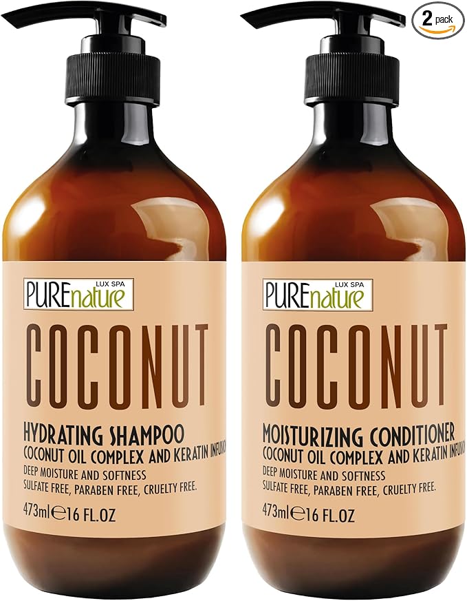 Coconut Shampoo and Conditioner Set - Sulfate Free - Deep Hydrating and Smoothing for Dry, Frizzy, Damaged Hair - Moisturizing, Shiny, Anti Frizz Salon Products for Women and Men - 16 Fl Oz (Set of 2)