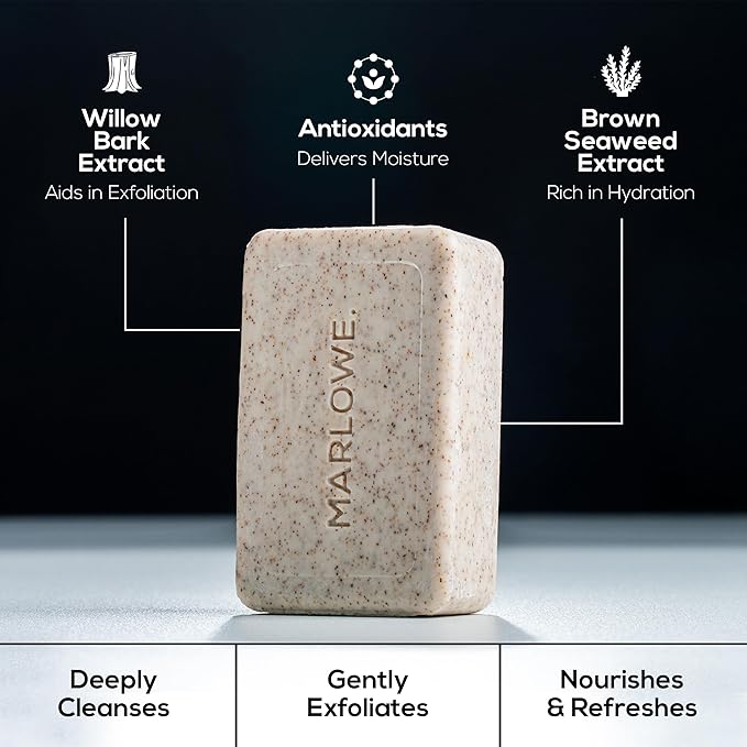 MARLOWE. Men's Skin Care Set, 3-Piece Best Sellers Kit, Exfoliating Scrub Soap Bar, Purifying Facial Cleanser & Hydrating Facial Moisturizer, Great Gift for Men, Clean, Vegan Grooming Essentials