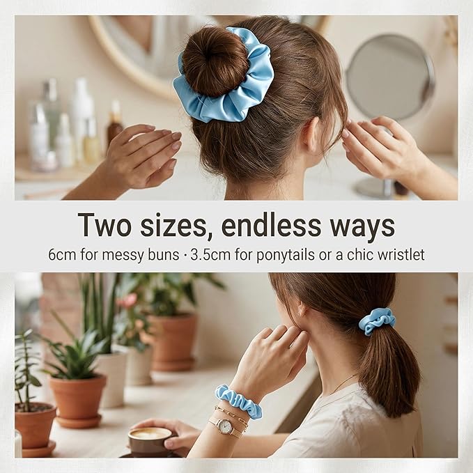 ZLYC 100% Mulberry Silk Scrunchie 19 Momme Gentle Creaseless Hair Tie for Women Dent-Free Ponytail Holder, 3.5cm Solid Dusty Blue