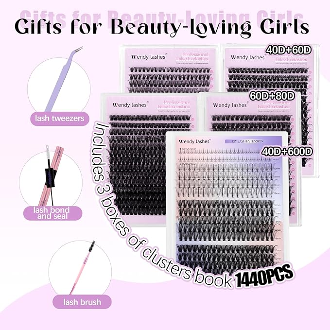 WENDY LASHES Clusters Kit With Bottom Lashes 40D+40D+50D+60D+60D+80D 1440Pcs Wispy Eyelash Clusters 10-18mm Natural DIY Lash Extension Kit D Curl for Beginners