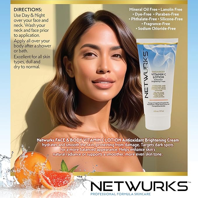 Vitamin C Lotion, Antioxident Cream for Face & Body, Smoothes & Hydrates Skin, Helps Reduce Blemishes, Fine Lines, & Wrinkles, 6 Fl Oz