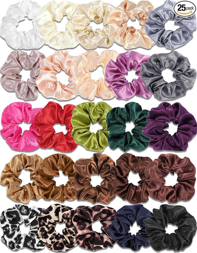 Satin Scrunchies for Women,Silk Hair Ties Fashion Soft Ties and Bands,Elastic Ponytail Holders No Damage Hair Accessories Thick Hair Styling for Girls - 25 Pcs