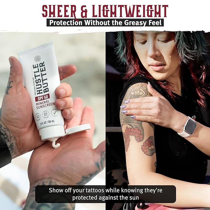 Hustle Butter Tattoo Aftercare Sunscreen - Tattoo Sunscreen Lotion - Fade Protection, SPF 50, Hydrating with Shea Butter & Coconut Oil, TSA-Friendly, Water Resistant, Non-Greasy, 3 oz