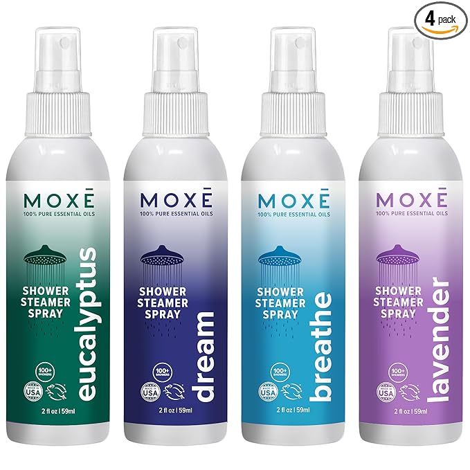 MOXE Aromatherapy Shower Mist Variety Pack, Eucalyptus, Lavender, Breathe and Dream, Spa Steam Spray, Natural 100% Essential Oils, Made in USA, Aromatherapy, Sinus Congestion Relief, 4 Pack (8oz)