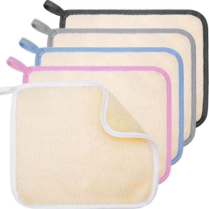 Tatuo 5 Pcs Exfoliating Face and Body Wash Cloths Towel Weave Bath Exfoliating Scrub Massage Bath Cloth for Women and Men, 10.23 x 8.66 Inch(White, Pink, Blue, Gray, Black Edge)