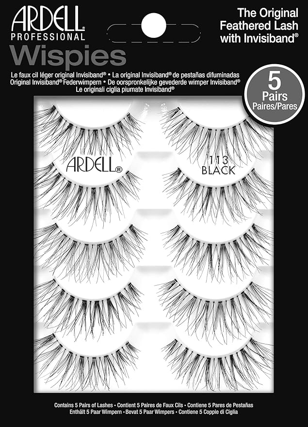 Ardell Wispies False Eyelashes 113 - Black, Natural Look Wispy Lashes, Soft & Lightweight Strip, 5 Pairs, 1 Pack