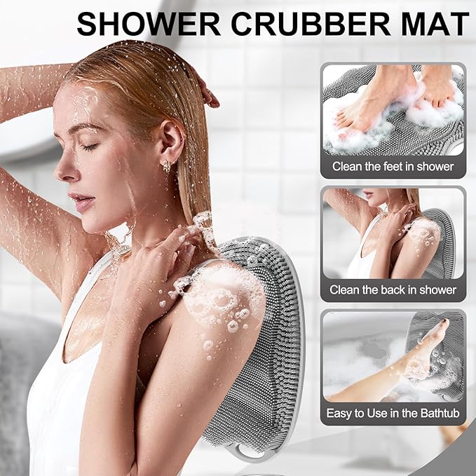 Bath Shower Foot Scrubber Mat - Silicone Shower Foot Scrubber Mat (XL) Cleaner Foot Toes Clean Pad Without Bending Non-Slip Suction Cups Bathroom mat 17.2 * 13 inch - Grey