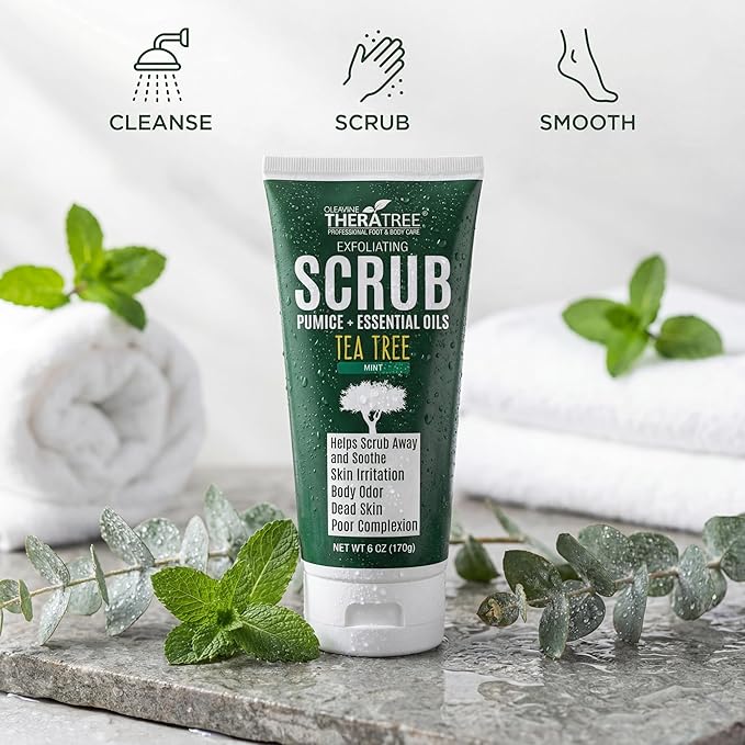 TheraTree Tea Tree Oil Exfoliating Body Scrub - Deep Cleansing Foot & Body Charcoal Scrub with Peppermint, Spearmint & Neem - Soothing Exfoliator for Healthy-Looking Skin, 6 oz