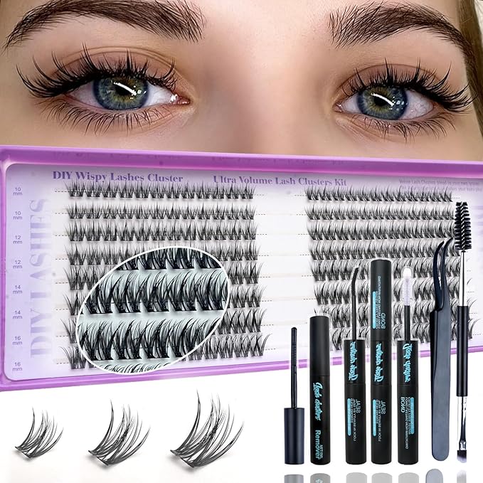 Wispy Lash Clusters Kit, Natural Lash Cluster Eyelash Extensions 192 Pcs C Curl 10-16mm Individual Fluffy False Eyelashes Thin Band DIY Kit for Beginners at Home with Bond Seal Remover Tweezers Brush
