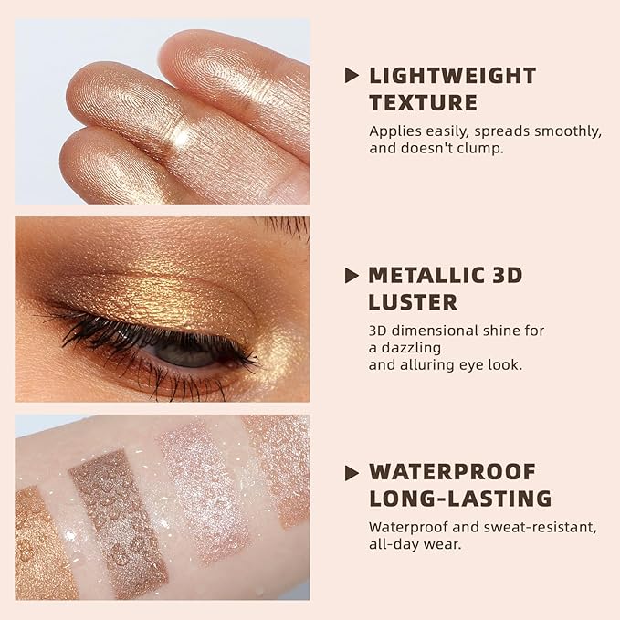 Noerrors Neutral Metallic Shimmer Eyeshadow Palette, Multi-Dimension Liquid Foiled Finish-Champagne, Soft Pink, Hazel, Copper Red, Long Lasting Pigmented Sparkly Glitter Mini Travel Cream Eye Shadow