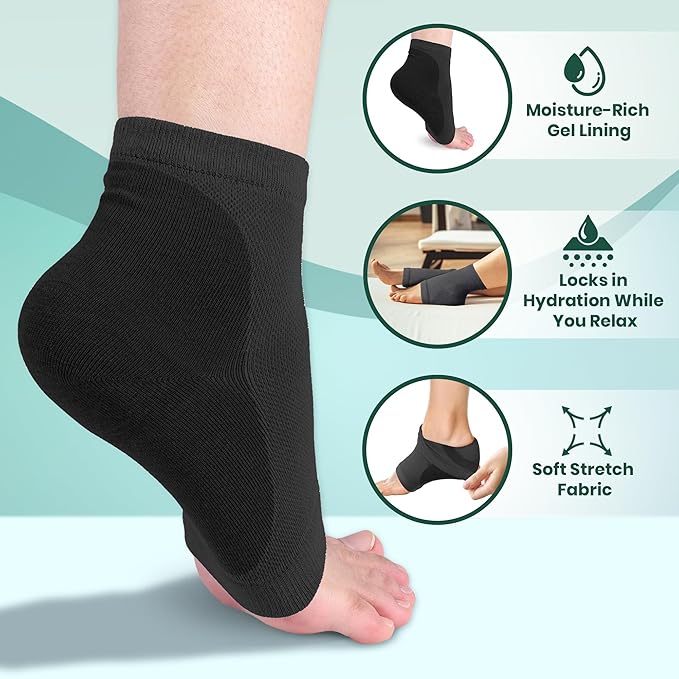 Moisturizing Heel Socks for Cracked Heels - Gel Socks for Dry Cracked Feet Repair - Silicone Socks for Women’s Foot Treatment & Overnight Hydration (Black/Grey/Beige, 3-Pair)