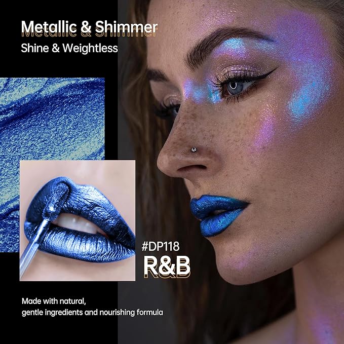 Depuplum Blue Lipsticks for Women Metallic Lipstick Long Lasting Shimmer Lip Gloss Metal Shine Glitter Waterproof Lipsticks Full Coverage Lip Color for Mother's Day,DP118 R&B