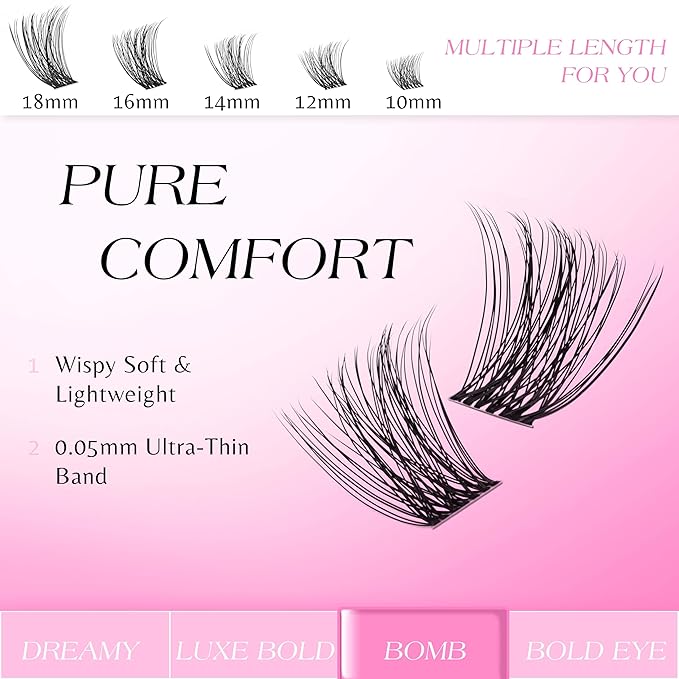 VEYESBEAUTY Lash Clusters Individual Eyelash Extensions Thin & Invisible Band DIY False Eyelashes for Self-application Newbie's Five-Second Series Wispy Lash Tray, Bomb 16mm Single Length
