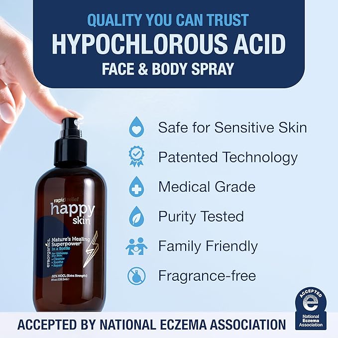 Happy Skin Hypochlorous Acid Spray for Face – Extra Strength, Gentle Hypochlorous Acid Spray Cleanser for Acne – Soothe, Hydrate & Repair Dry, Sensitive Skin – pH Balanced, Non-Toxic 4oz