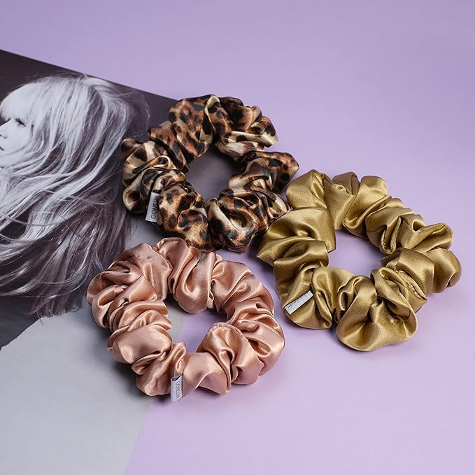 MTSNOO Silk Scrunchies, 100% Pure 22 Momme Mulberry, 3 Pack, RoseGold+GoldLeopard+Gold, Hair Ties for Curly Hair, Elastic Band, Scrunchies Set for Women Girls