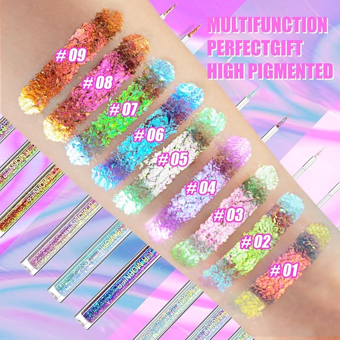 Multichrome Liquid Eyeshadow Set,3 Colors Multi-Dimensional Eye Liner Makeup,High Pigment Waterproof Metallic Eye Shadow,Ultre Fine Tip Glitter Eyeshadow (A04+A05+A06)