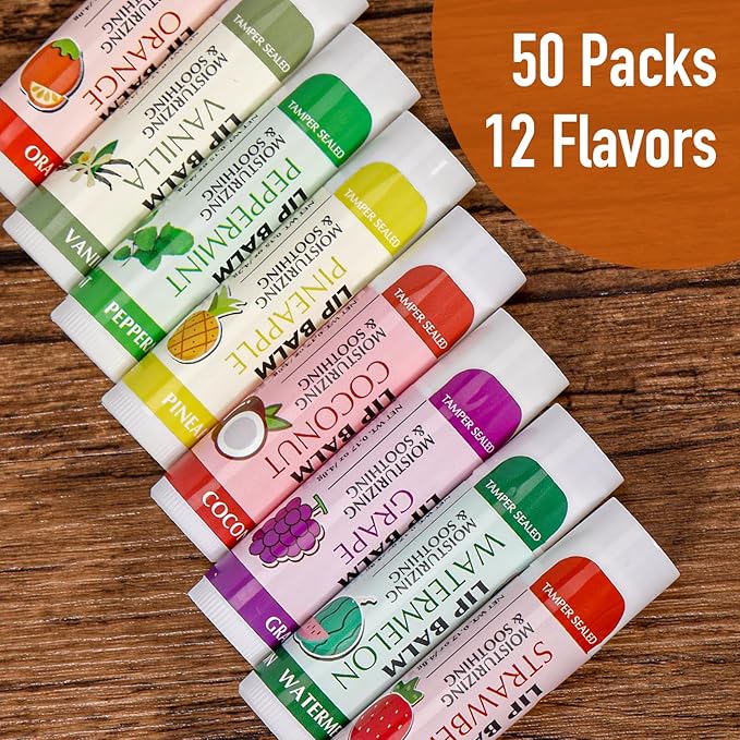 AZEN 50 Pack Lip Balm Bulk, Moisturizing Lip Balms for dry cracked lips, Mothers Day Gifts Easter Basket Stuffers - 12 Flavors