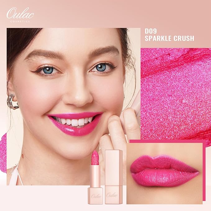 Oulac Pink Shimmer Lipstick for Women, Infinity High Shine Finish, Hydrating Lip Color Infused with Damask Rose Oil for All-Day Comfort, Gluten-Free Vegan Beauty, D09 Sparkle Crush