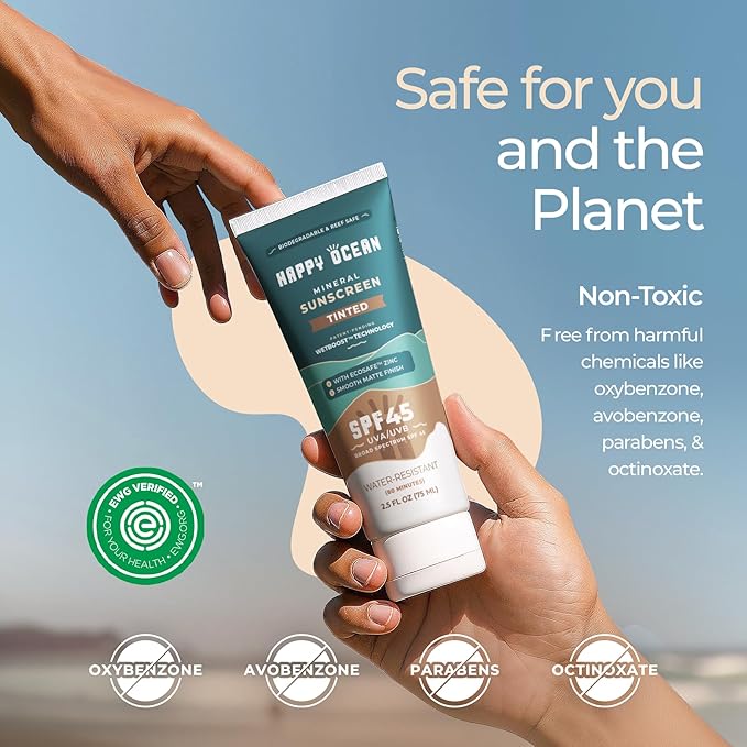 Happy Ocean Tinted Mineral Sunscreen SPF 45 – Reef Safe Zinc Oxide Face Sunscreen, Biodegradable, Natural Tint, Water Resistant, Travel Size 2.5 oz