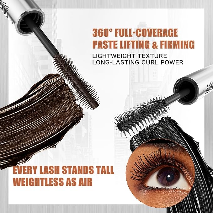 Women's Tubing Mascara, 2-in-1 Black & Brown Double-Ended, Volumizing and Lengthening, Waterproof, No Smudge, Hypoallergenic & Easy Removal