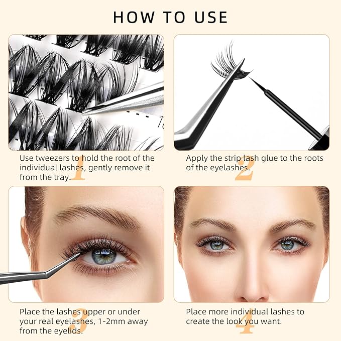 QUEWEL Cluster Lashes 240Pcs Individual Lashes 40D 0.07D Curl Mix8-14mm Lash Extensions Clusters Lash Soft&Natural False Eyelashes Individual DIY Eyelash Extension at Home(40D 0.07D MIX8-14)