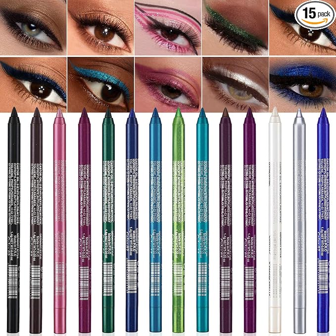 15 PCS Colorful Eyeliner Pen Set, Waterproof Metallic & Pearl Glitter Eyeliner Kit, Smudge-Proof Multipurpose Eye & Lip Liner Shadow Pencils with Shimmer for Party, Halloween, Cosplay Makeup