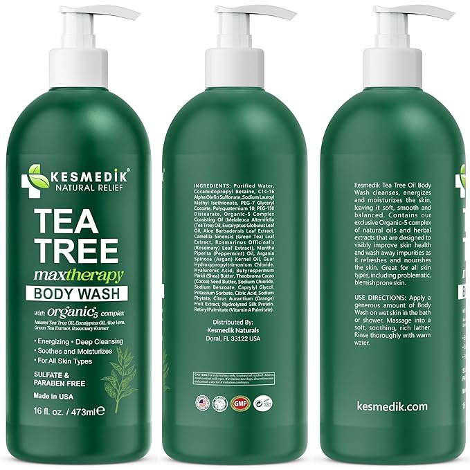 KESMEDIK Tea Tree Body Wash MaxTherapy, Itchy Skin Relief Soap, Soothes Jock Itch, Athlete's Foot, Acne, Eczema, Psoriasis & Sensitive Skin, Intimate Wash, Men & Women, 3-Pack, Original Edition