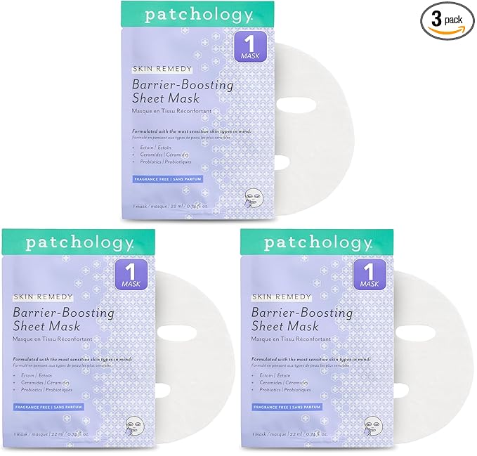 Patchology Skin Remedy Barrier-Boosting Sheet Mask – Single Use Face Mask with Ectoin, Ceramides & Probiotics – Hydrates, Protects & Nourishes – Suitable for Sensitive & All Skin Types (Pack of 3)