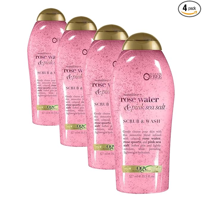 OGX Sensitive + Rose Water & Pink Sea Salt Exfoliating Body Scrub + Rose Quartz,Gentle Exfoliating Daily Body Wash Softens Skin,Body-Scrub for Women,Sulfate-Free Surfactants,19.5 fl oz,(Pack of 4)