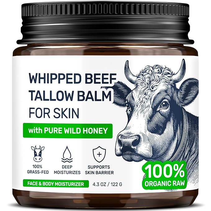 Beef Tallow for Skin - Grass Fed Whipped Tallow and Honey Balm for Face, 3-Ingredient Fragrance Free Beef Tallow for Face and Body with Beeswax - Moisturizer for Dry Sensitive Skin, 4.3 oz