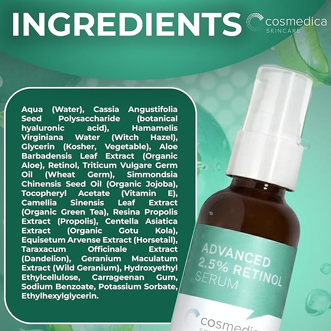 Cosmedica Skincare Retinol Serum 2.5% for Face | Anti-Aging Vitamin A Serum with Hyaluronic Acid, Green Tea & Vitamin E | Reduces Wrinkles, Acne Scars & Dark Spots | Gentle for Sensitive Skin | 1 oz