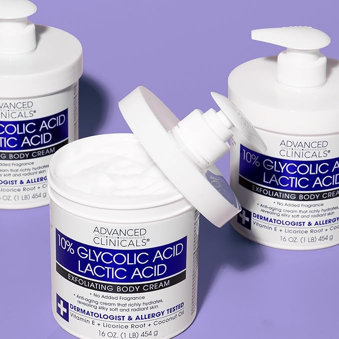 Advanced Clinicals 10% Glycolic Acid + Lactic Acid Lotion Exfoliant Moisturizing Cream With Hyaluronic Acid Moisturizer | AHA Exfoliating Body Cream Improves Look Of Uneven Rough Skin Texture, 2-Pack