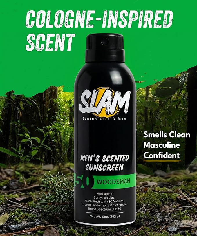SLAM Men’s Sunscreen SPF 50 Spray - Broad Spectrum UVA/UVB Protection - Non-Greasy & No Harsh Chemicals - WoodsMan Sandalwood Teakwood Bergamot Cologne Scented - 2 Pack