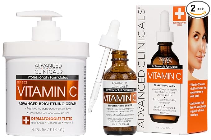 Advanced Clinicals Vitamin C Cream + Vitamin C Serum 2PC Skincare Set | Brightening Body Lotion & Facial Serum For Women & Men Helps Diminish Appearance Of Dark Spots, Wrinkles, & Uneven Skin Tone