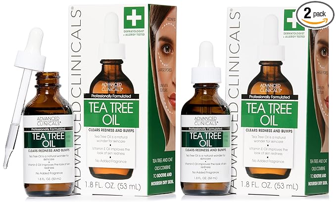 Advanced Clinicals Tea Tree Oil For Skin Facial Serum | Tea Tree Serum For Face With Vitamin E + Botanicals To Help Improve Appearance Of Large Pores & Skintone For Smoother Looking Skin, 2-Pack