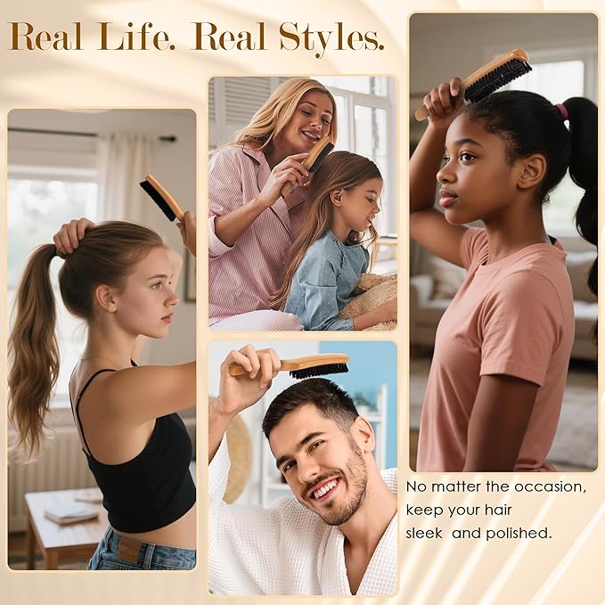 STYLEMATE Boar Bristle Slick Back Hair Brush for Women Men, Natural Soft Bristle Hair Brush for Thin & Fine Hair, Medium Hardness Smoothing Hairbrush for Polishing, Deepening & Styling
