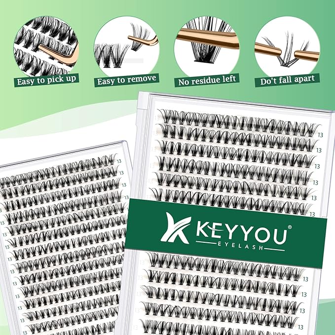 KEYYOU Lash Clusters 300pcs Individual Lashes, 30D 0.07D Curl 13mm DIY Eyelash Extension, Soft & Natural Volume Cluster Lashes with Large Tray