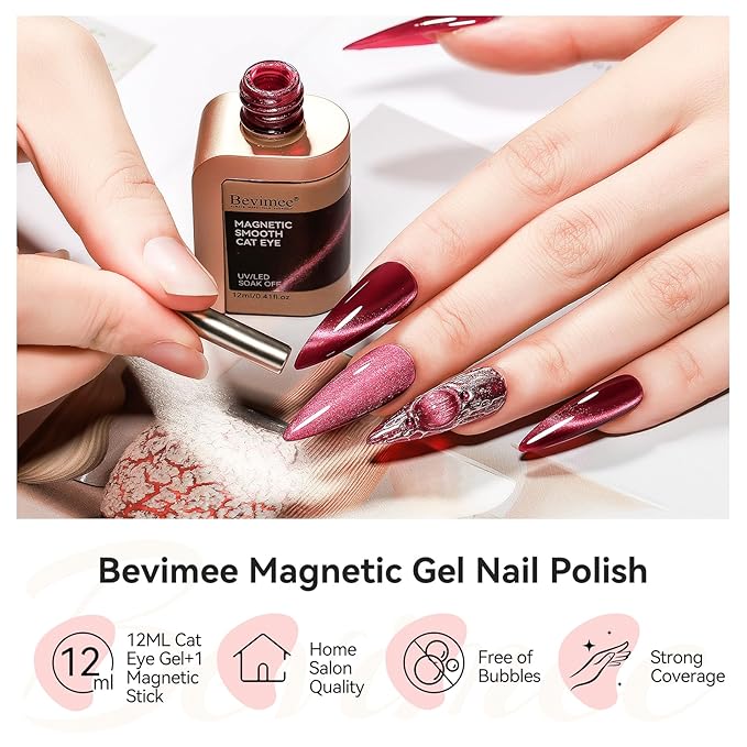 Red Cat Eye Gel Nail Polish, Burgundy Red Glitter Magnetic Gel Polish Moonlight, Cateye Gel Polish With Magnet Wine Red Holographic Shimmer UV Velvet Manicure Salon DIY Home, 12ML