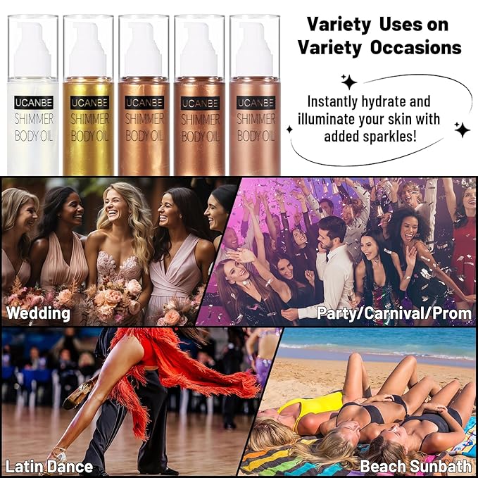 UCANBE Body Shimmer Oil 100ml, Moisturizing Face Body Glow Glitter Oil, Waterproof Shimmering Luminizer Liquid Illuminator Highlighter, Tinted Shimmer Lotion Glowing Bronzer Makeup(Silver)
