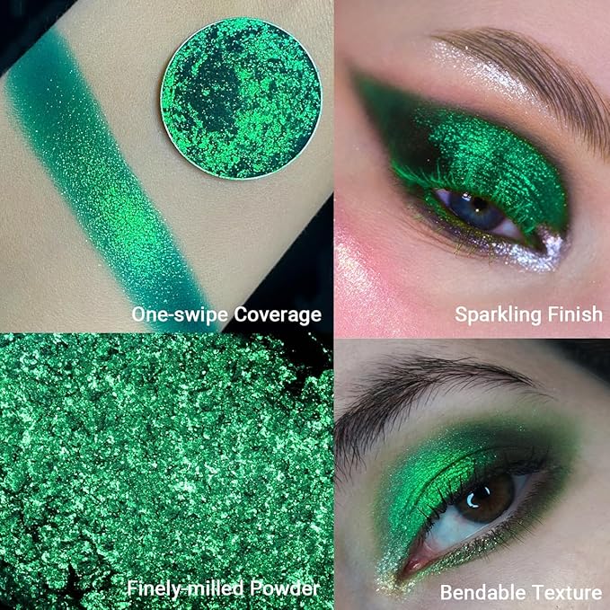 Afflano Green Glitter Eyeshadow Makeup, Chrome Emerald Green Eyeshadow palette Instant Color, Highly Pigmented, Metallic Viridian Shimmery Eye Shadow for St Patricks Wicked Sparkle Eye Face Makeup