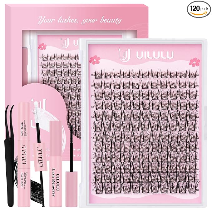 Uilulu Lash Clusters Kit 10-18mm Wispy Lash Clusters D Curl False Eyelash Clusters, DIY Lash Extension Kit with Lash Bond & Seal, Lash Glue Remover, Lash Tweezers