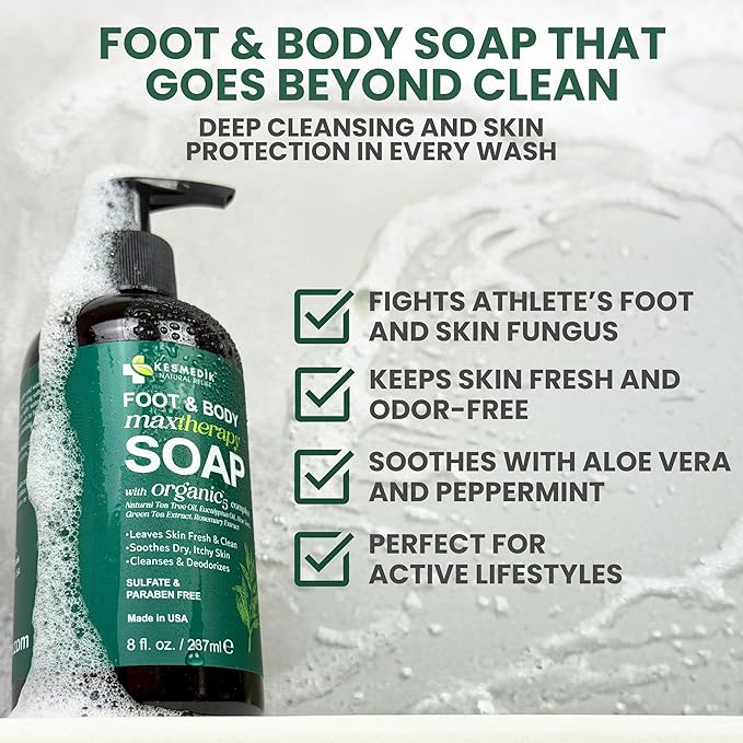 KESMEDIK Tea Tree Oil Soap Body Wash with Peppermint for Foot & Body, Antifungal & Antibacterial Support Cleanser, Helps Soothe Ringworm, Athlete’s Foot, Jock Itch, Acne & Body Odors, 2-Pack
