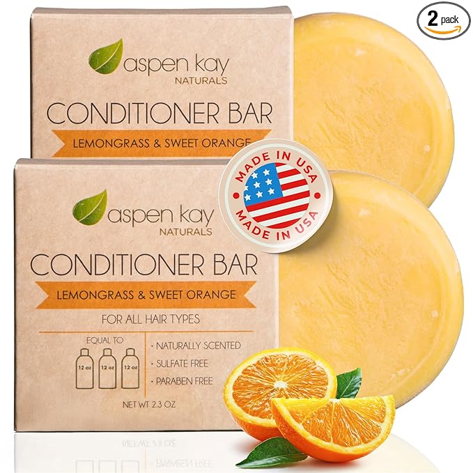 Solid Lemongrass & Sweet Orange Conditioner Bar, Natural & Organic, For All Hair Types Including Frizzy, Sulfate-Free & Cruelty-Free, 2.3 Ounce (2-Pack)