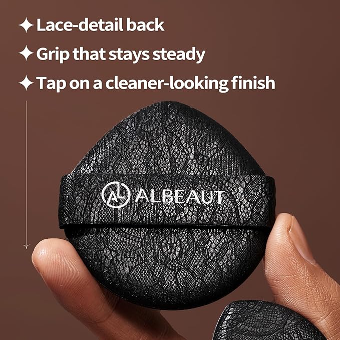 ALBEAUT Rubycell Cushion Puff, 4PCS Teardrop Makeup Applicator for Cushion Foundation, Liquid Foundation & Cream Makeup, Lace-Detail PU Back, Precision Tip