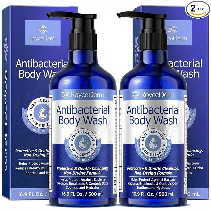 Roycederm Antibacterial Body Wash & Soap – Kills 99.9% of Germs & Bacteria – For Body Acne, Folliculitis & Odor Control – Gentle Daily Use for Men & Women (16.9 Fl Oz (Pack of 2))