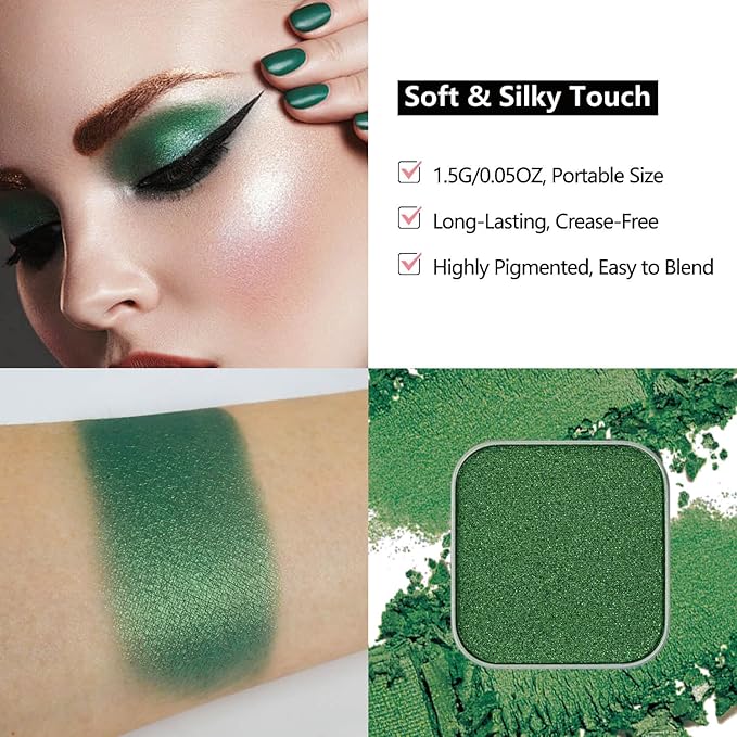 Emerald Green Metallic Eyeshadow Refill Pan – Pearl Shimmer Single Eyeshadow for Magnetic Makeup Palettes, Smooth Blendable Longwear Formula (Green Glimmer)